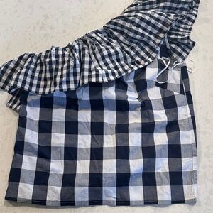 NWT J Crew Blue and White Gingham Cotton Stretch Poplin Ruffle One Shoulder Top